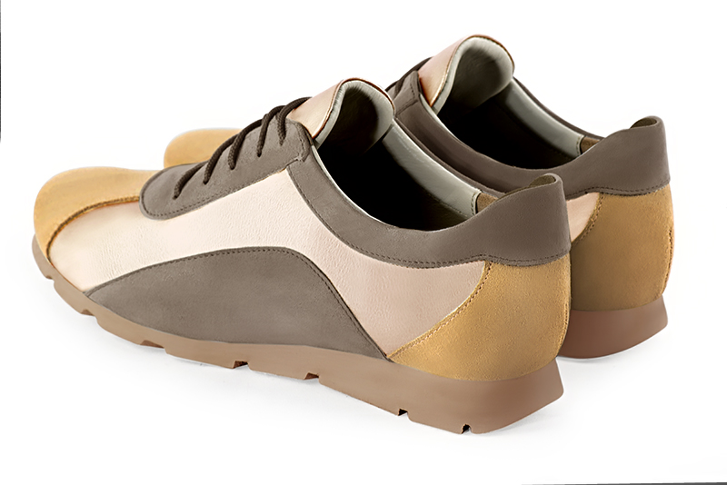 Mustard yellow, gold and pebble grey women's three-tone elegant sneakers. Round toe. Flat rubber soles. Rear view - Florence KOOIJMAN